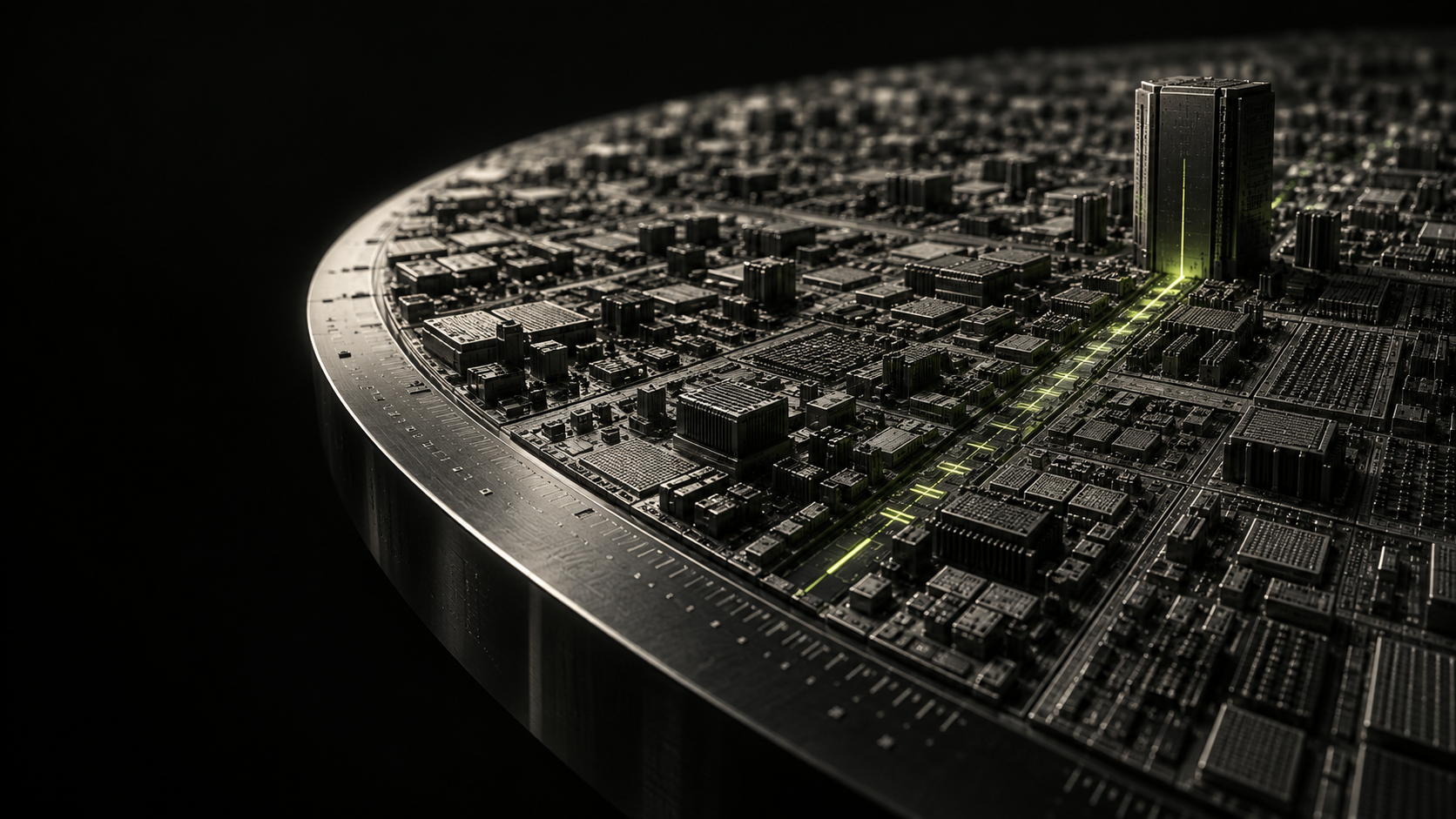 A cinematic silicon wafer city with a green channel leading toward a monumental processor